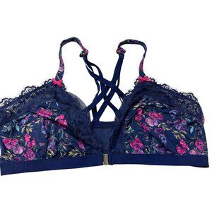 Cacique Bralette 46C Navy Blue Floral Wireless Front Close